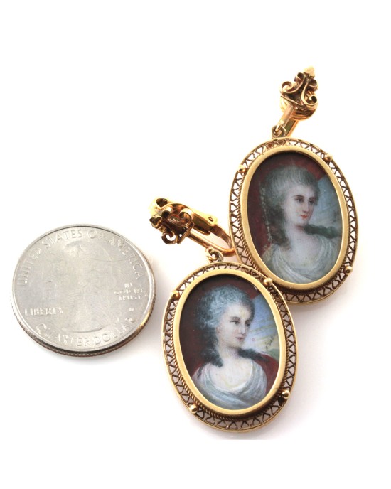 Antique Hand Painted Micro Portrait Clip-On Earrings in 10K Yellow Gold